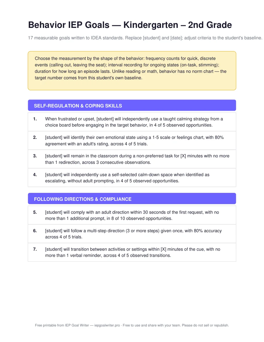 Behavior IEP Goals — Kindergarten – 2nd Grade — page 1 of 3