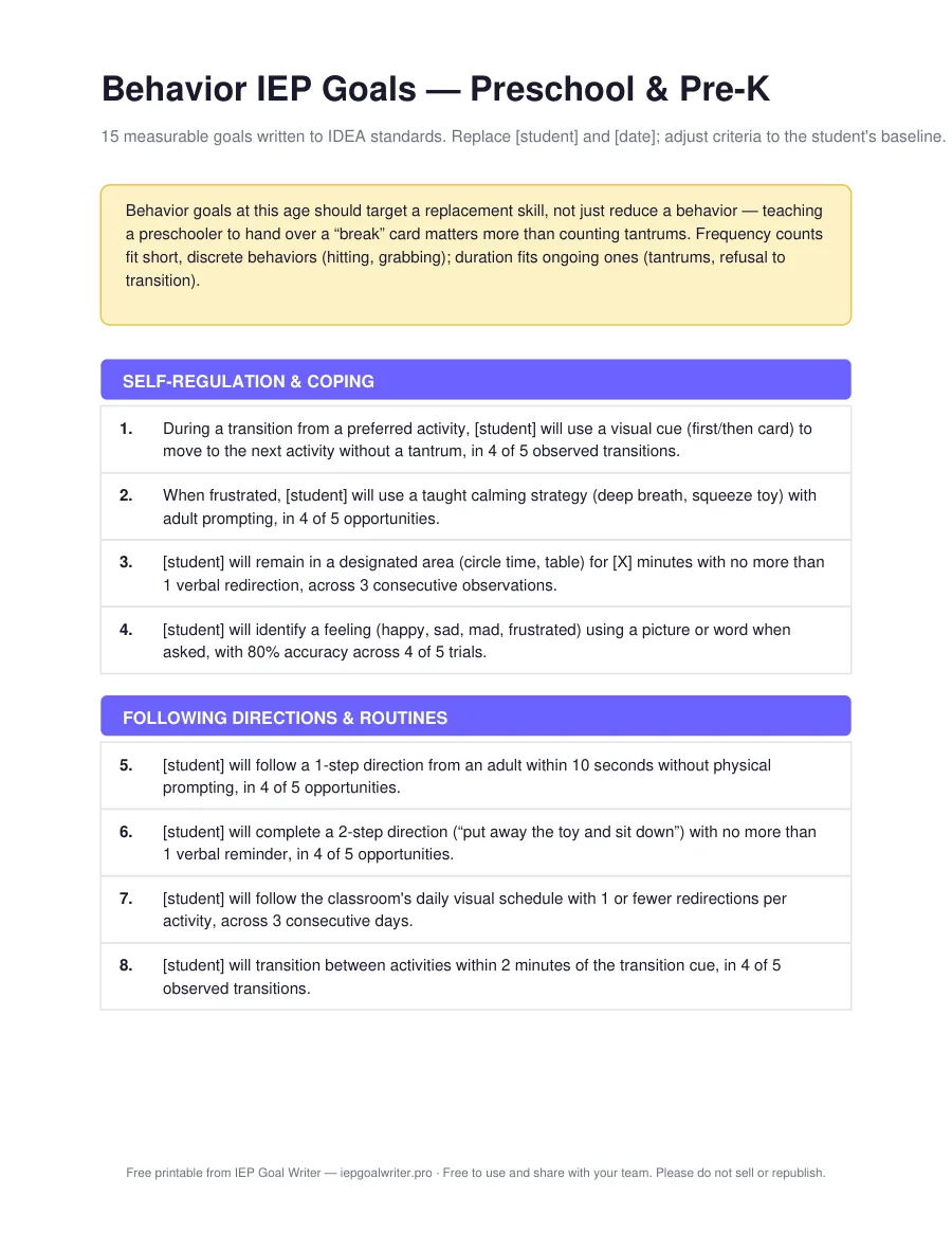 Behavior IEP Goals — Preschool & Pre-K — page 1 of 3