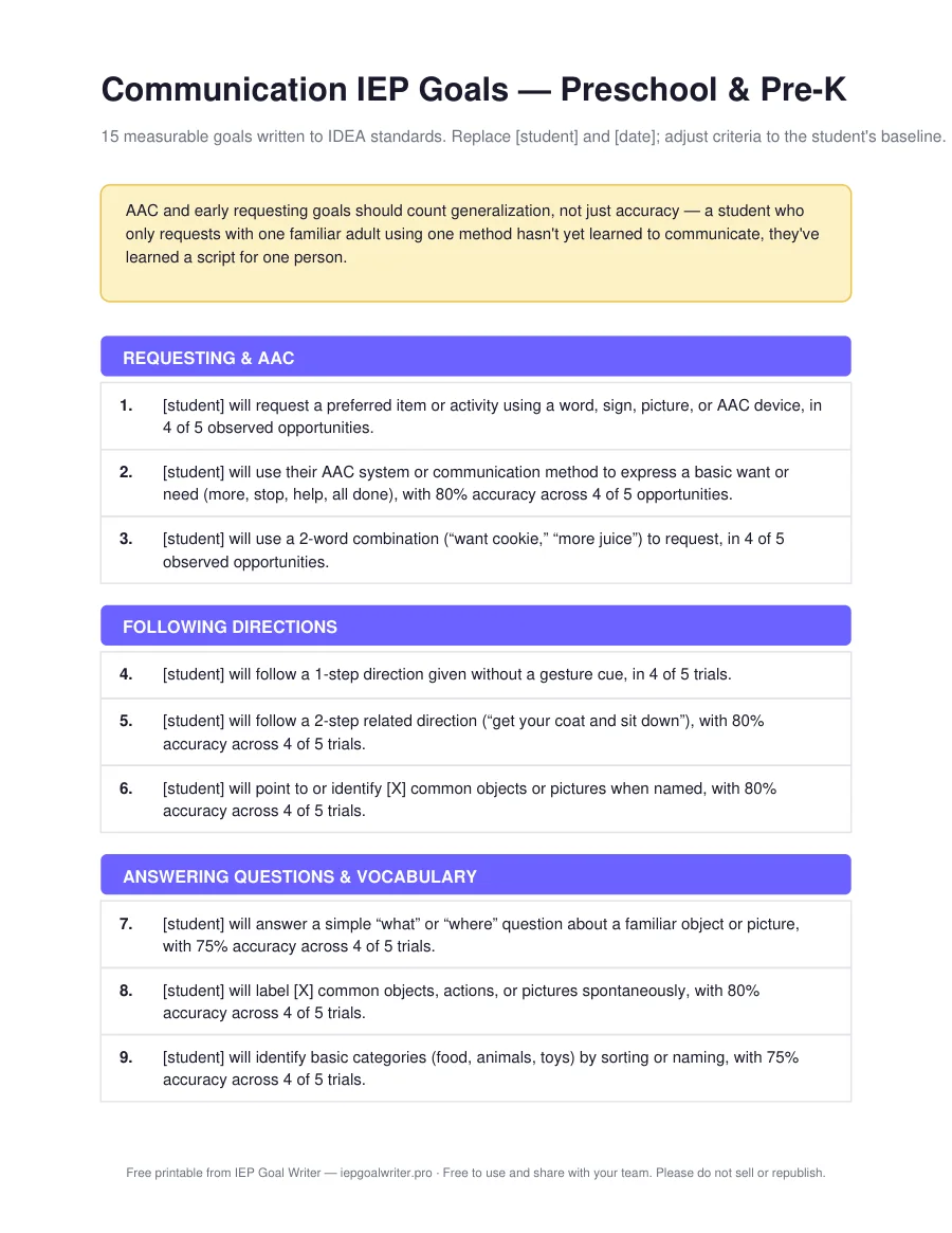 Communication IEP Goals — Preschool & Pre-K — page 1 of 3