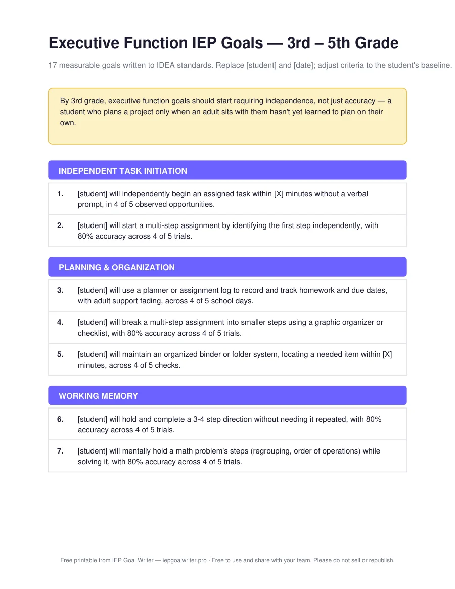 Executive Function IEP Goals — 3rd – 5th Grade — page 1 of 3
