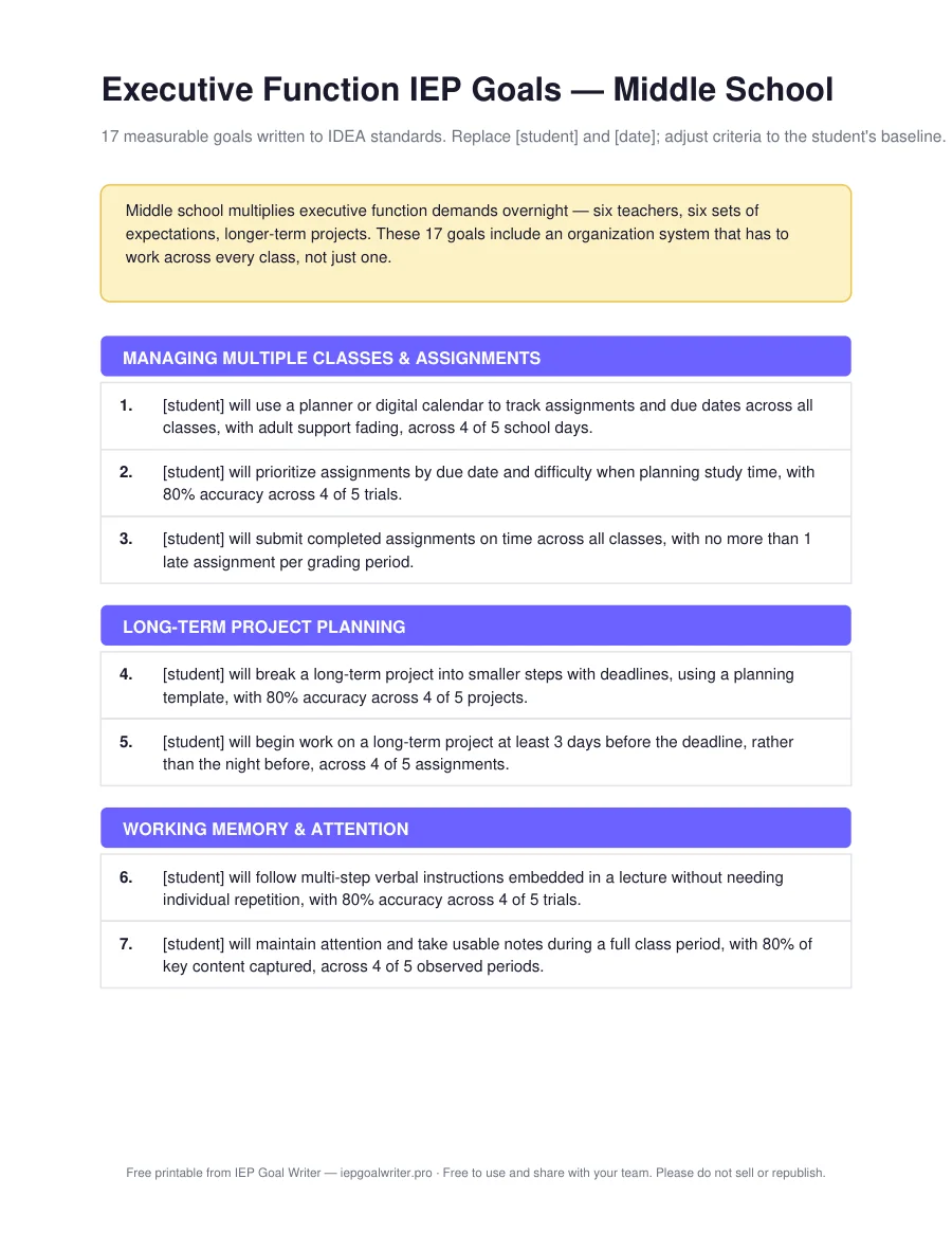 Executive Function IEP Goals — Middle School — page 1 of 3