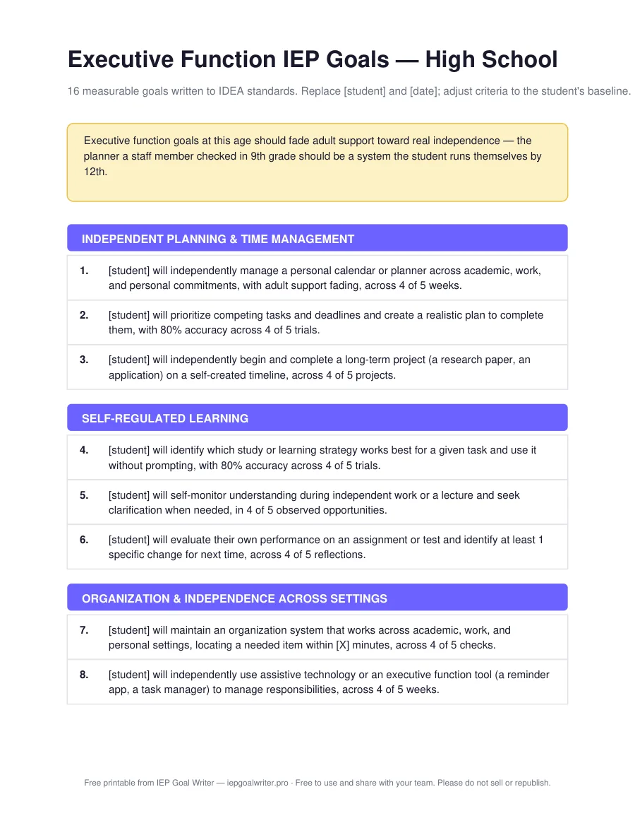 Executive Function IEP Goals — High School — page 1 of 3