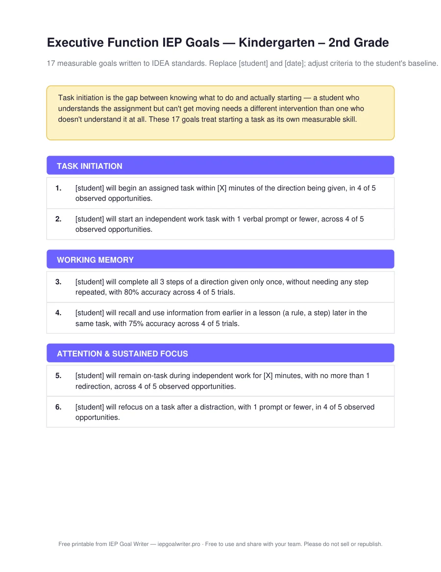 Executive Function IEP Goals — Kindergarten – 2nd Grade — page 1 of 3