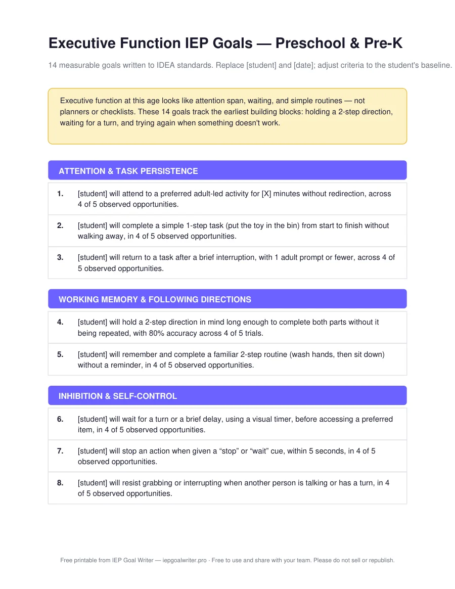 Executive Function IEP Goals — Preschool & Pre-K — page 1 of 3