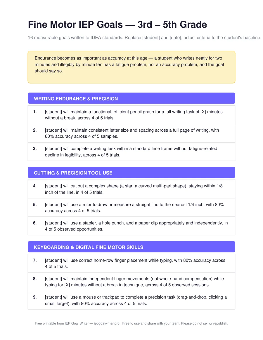 Fine Motor IEP Goals — 3rd – 5th Grade — page 1 of 3