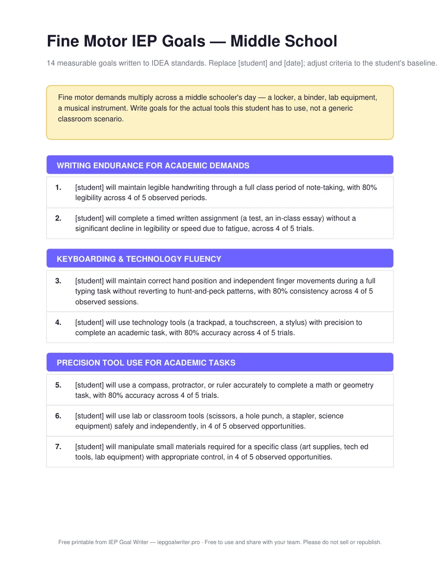 Fine Motor IEP Goals — Middle School — page 1 of 3