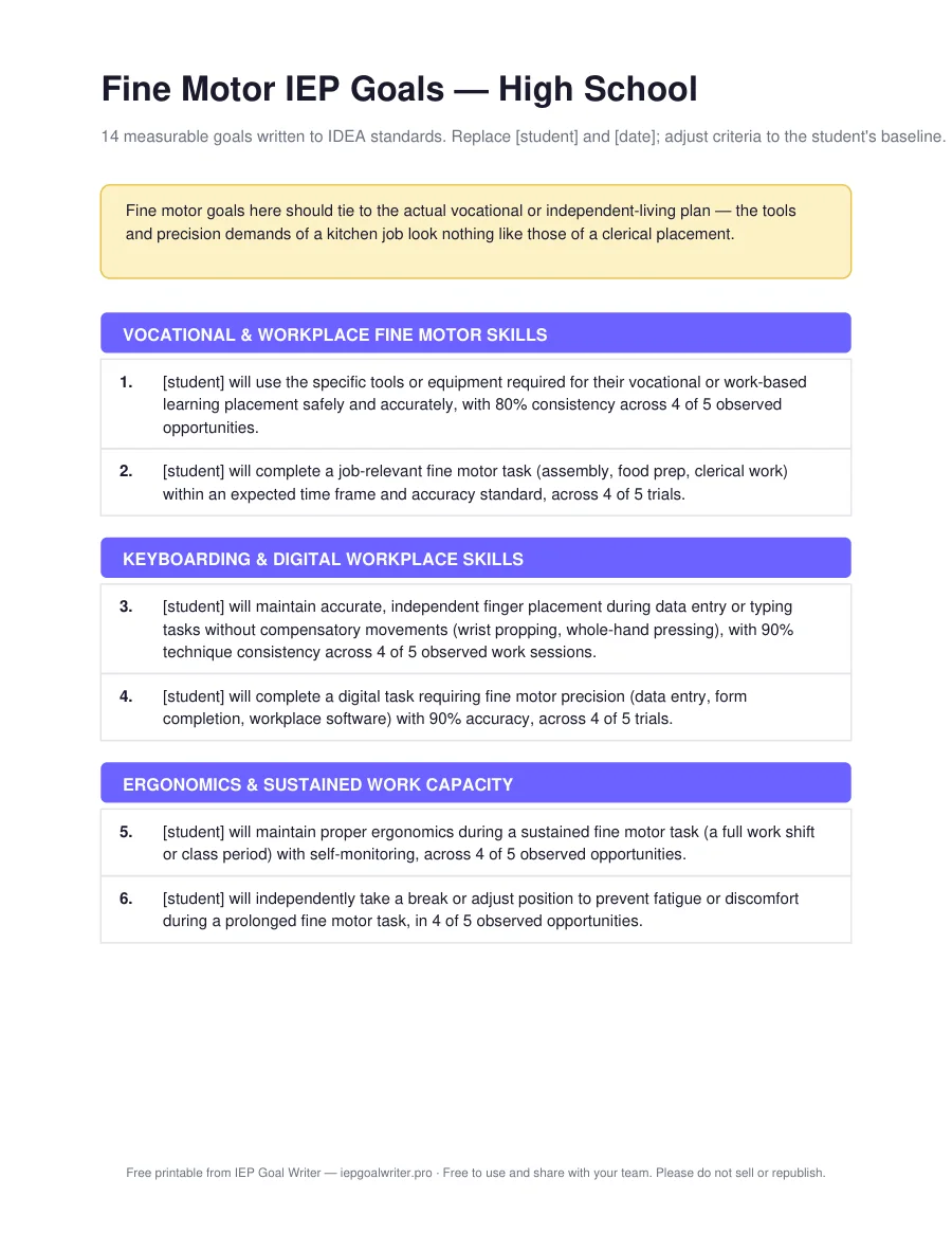 Fine Motor IEP Goals — High School — page 1 of 3