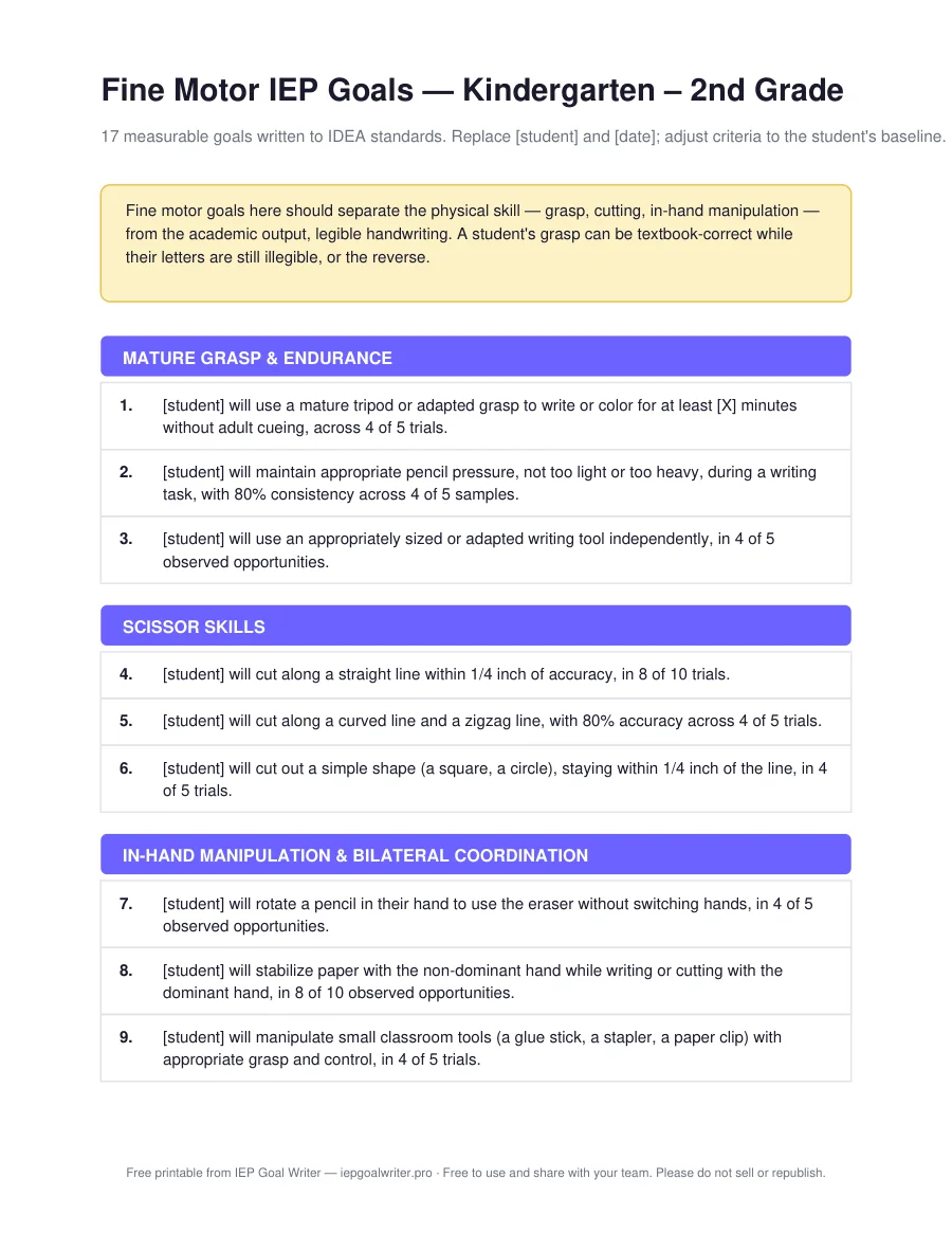 Fine Motor IEP Goals — Kindergarten – 2nd Grade — page 1 of 3
