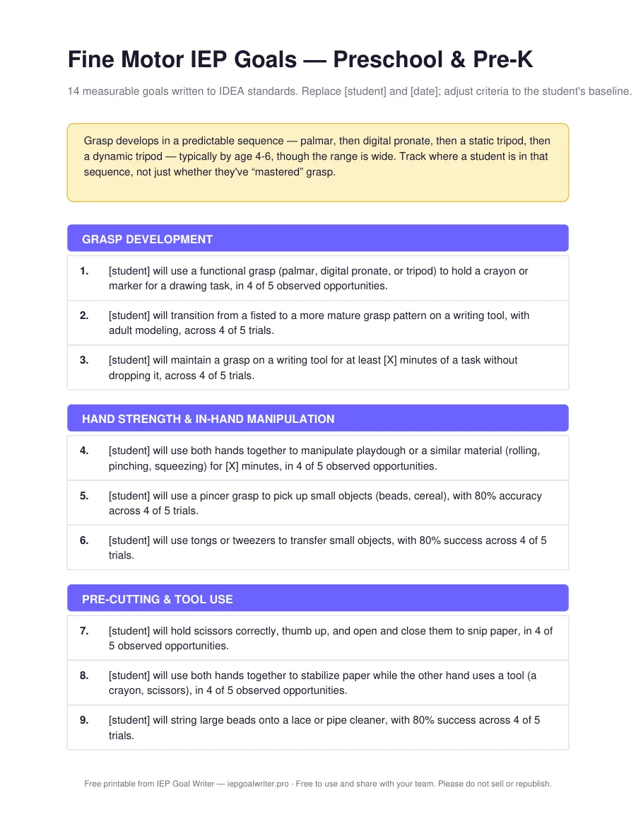 Fine Motor IEP Goals — Preschool & Pre-K — page 1 of 3