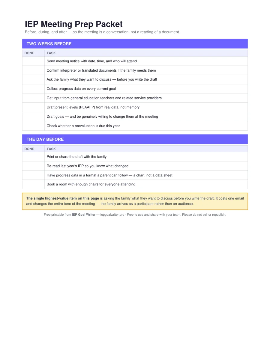 IEP Meeting Prep Packet — page 1 of 4