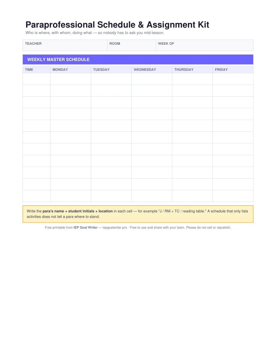 Paraprofessional Schedule & Assignment Kit — page 1 of 4