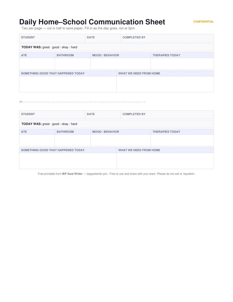 Parent Communication Log & Daily Sheets — page 1 of 4