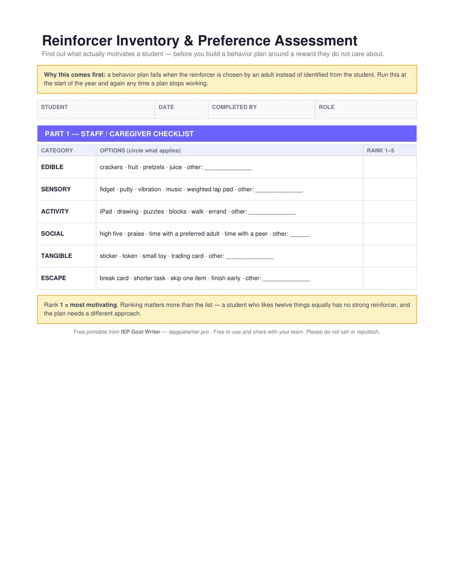 Reinforcer Inventory & Preference Assessment — page 1 of 3