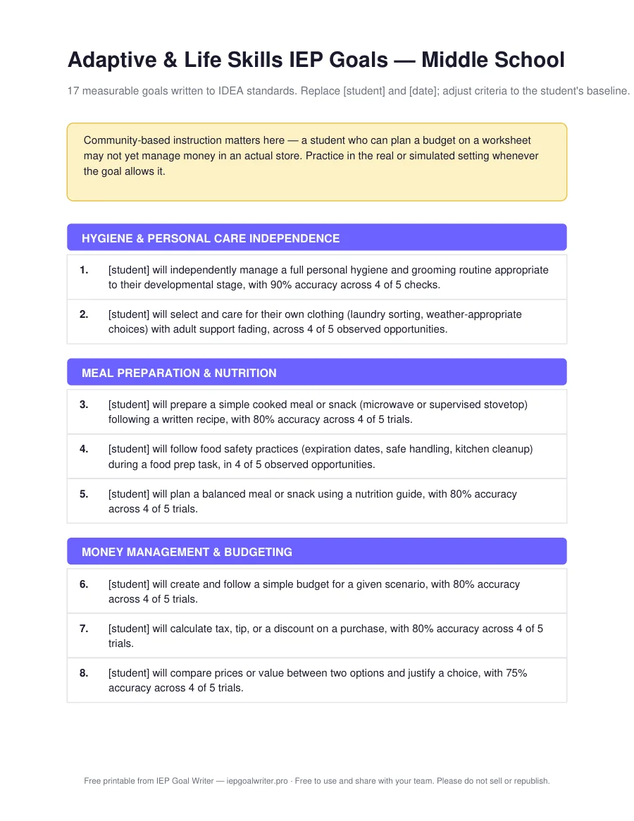 Adaptive & Life Skills IEP Goals — Middle School — page 1 of 3