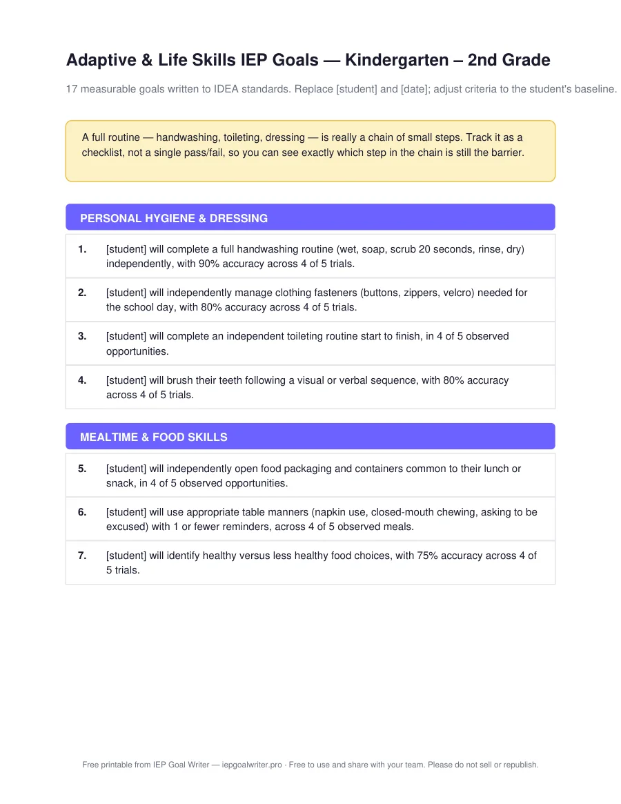 Adaptive & Life Skills IEP Goals — Kindergarten – 2nd Grade — page 1 of 3