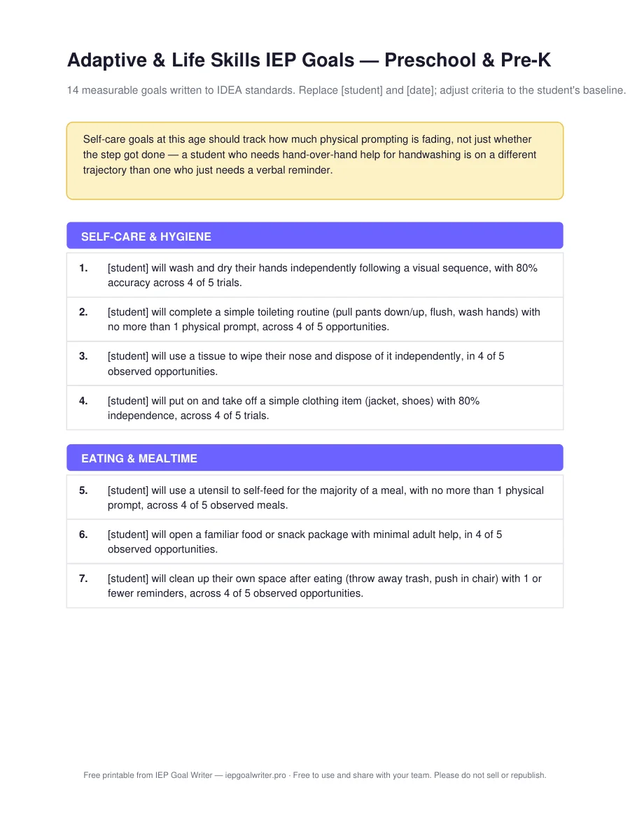 Adaptive & Life Skills IEP Goals — Preschool & Pre-K — page 1 of 3