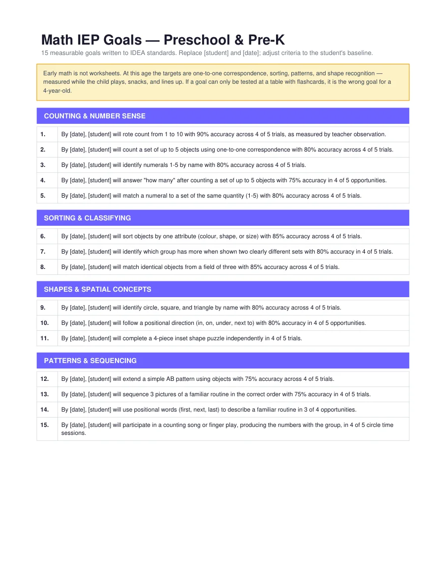 Preschool & Pre-K Math IEP Goals — page 1 of 2