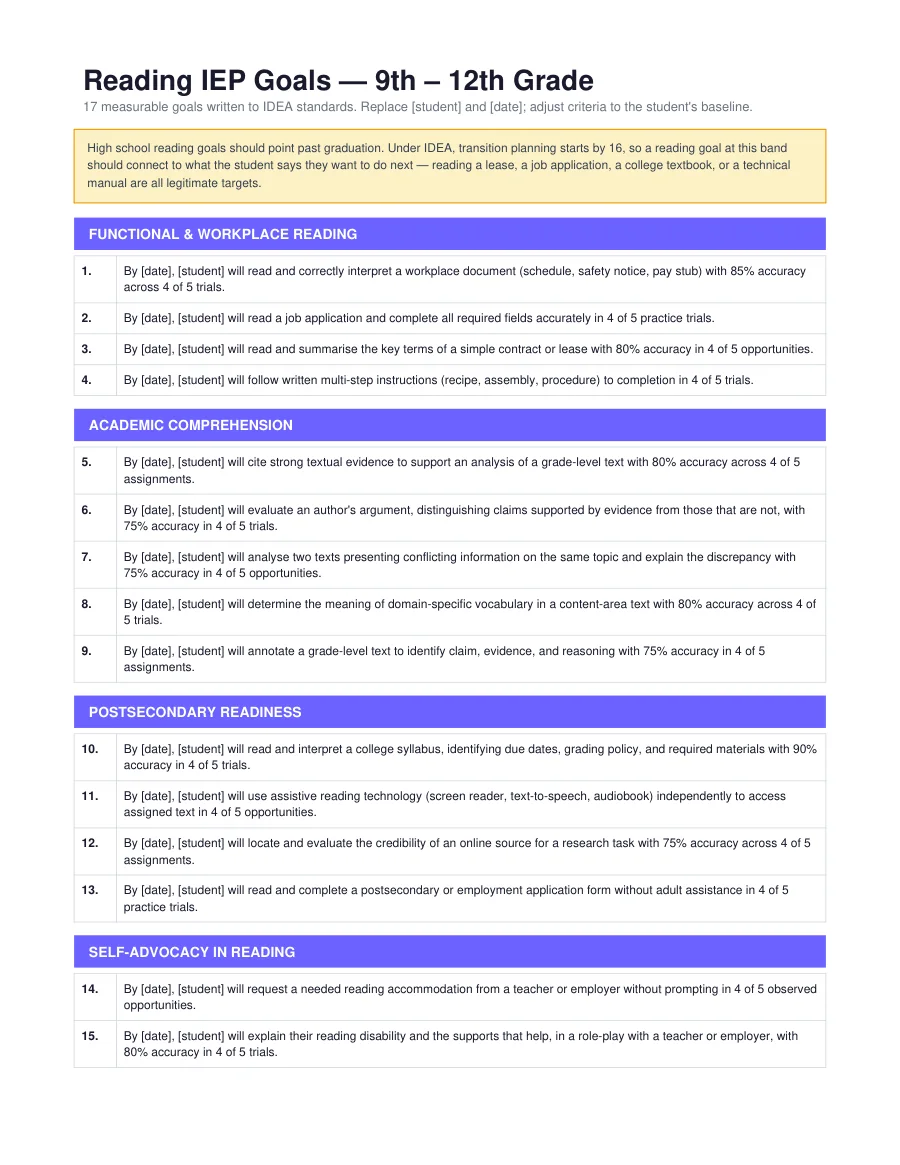 High School Reading IEP Goals — page 1 of 3