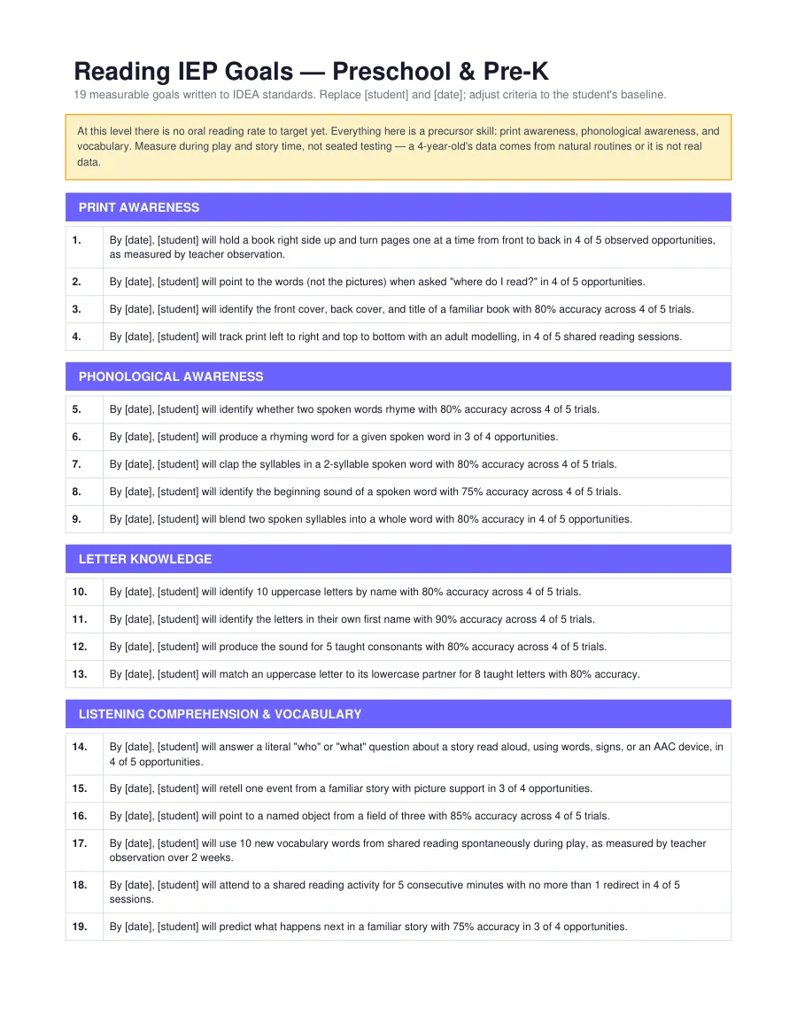 Preschool & Pre-K Reading IEP Goals — page 1 of 2