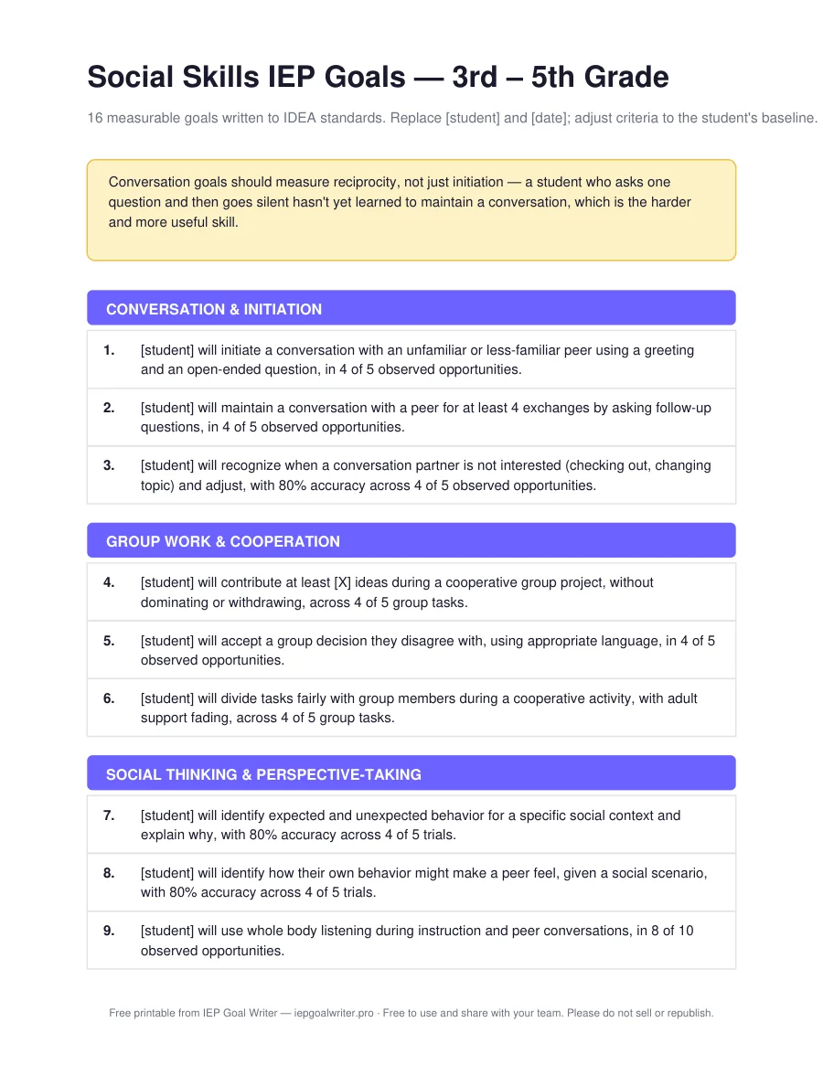 Social Skills IEP Goals — 3rd – 5th Grade — page 1 of 3