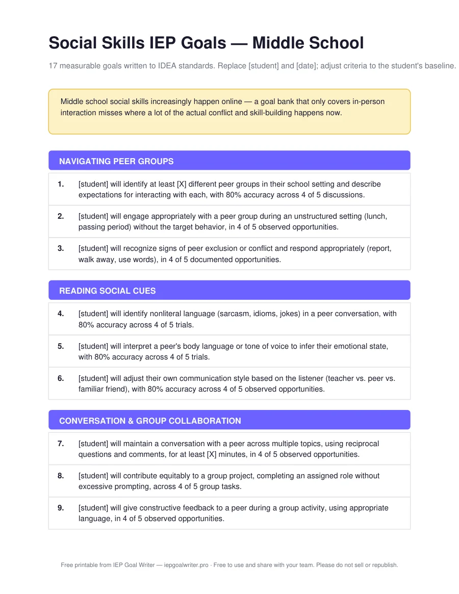 Social Skills IEP Goals — Middle School — page 1 of 3