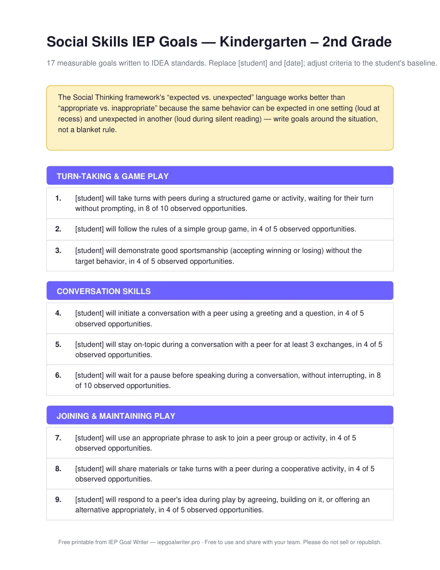 Social Skills IEP Goals — Kindergarten – 2nd Grade — page 1 of 3