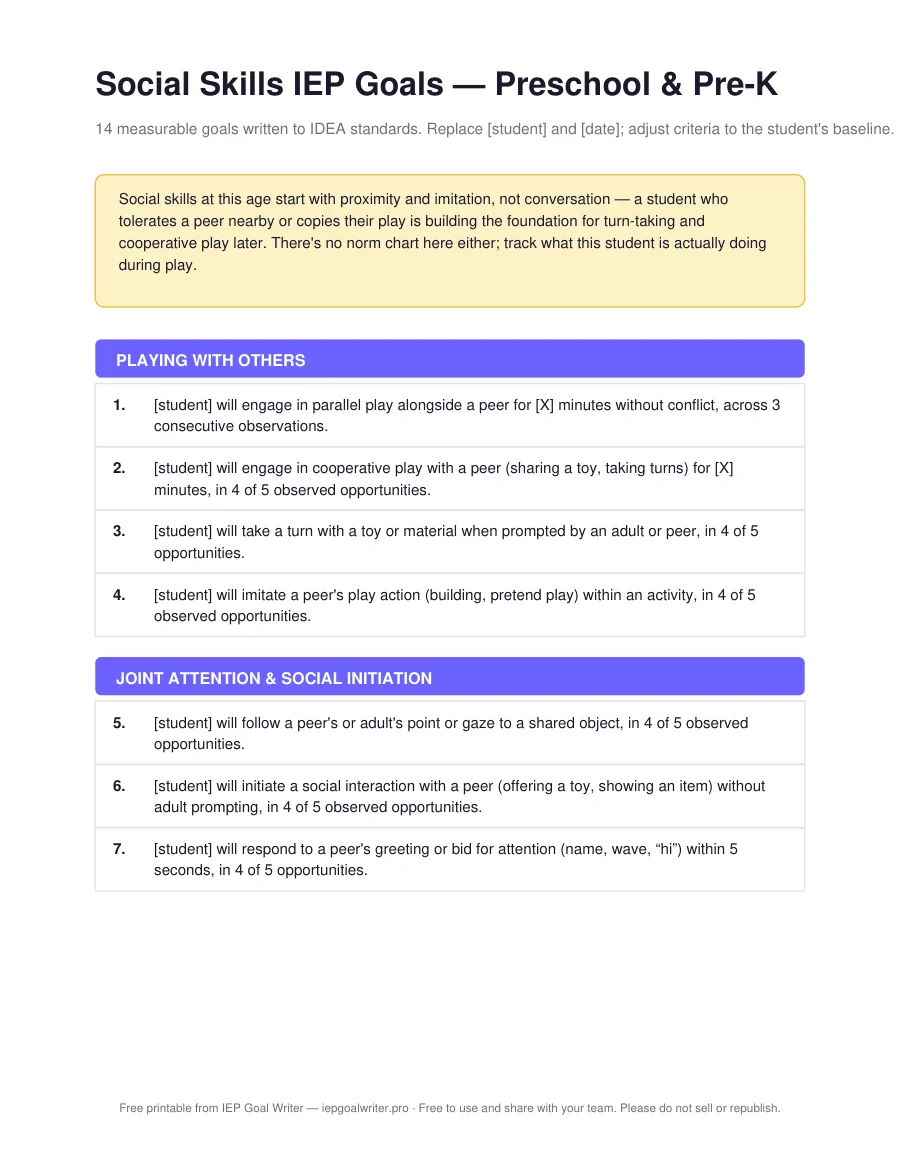 Social Skills IEP Goals — Preschool & Pre-K — page 1 of 3