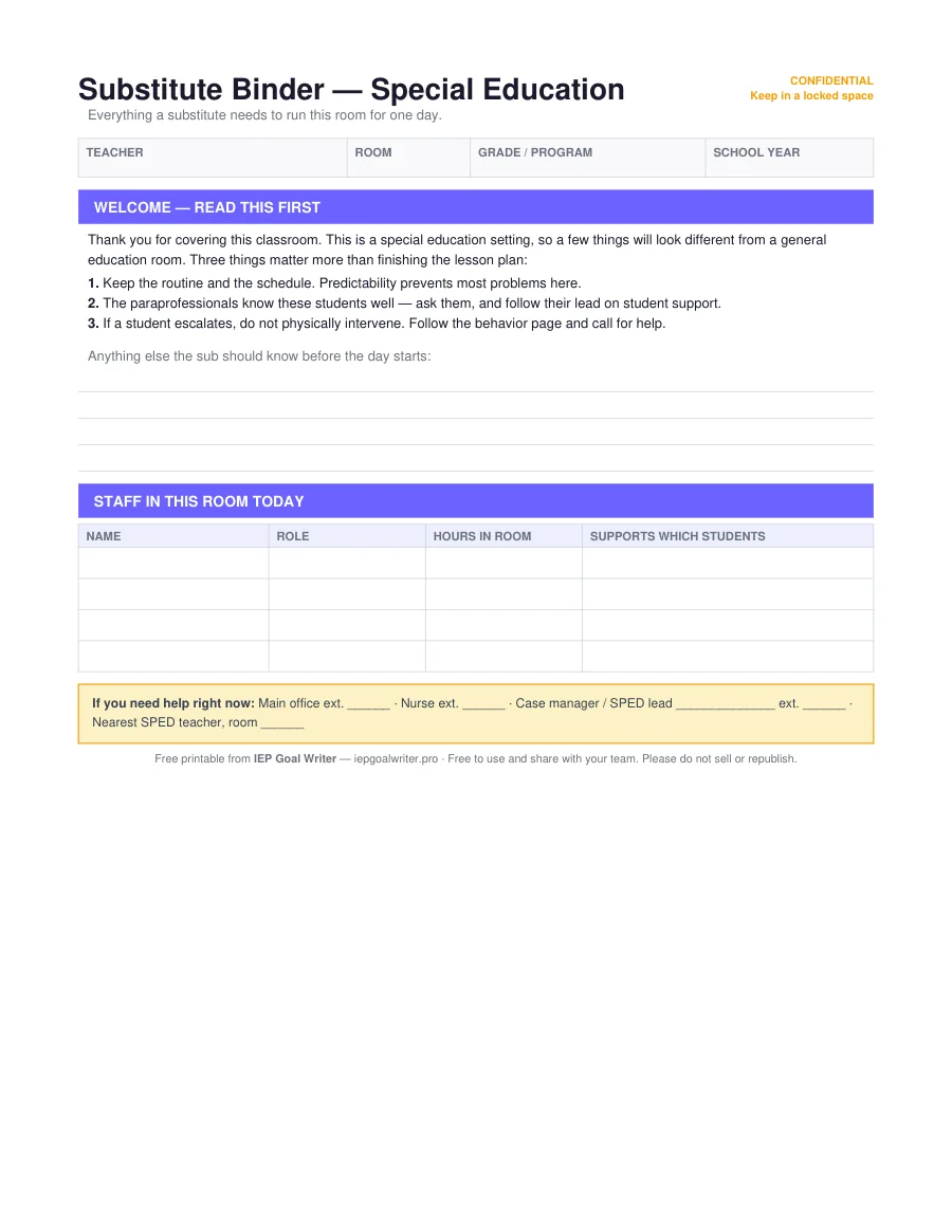 SPED Substitute Binder — editable Word — page 1 of 7