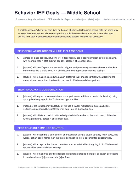 Preview of Behavior Goals — Middle School