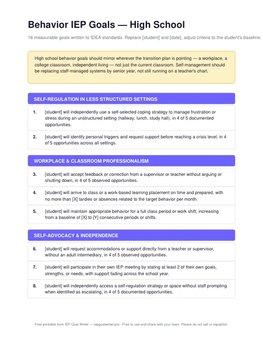 Preview of Behavior Goals — High School