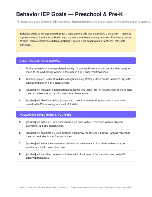 Preview of Behavior Goals — Preschool & Pre-K