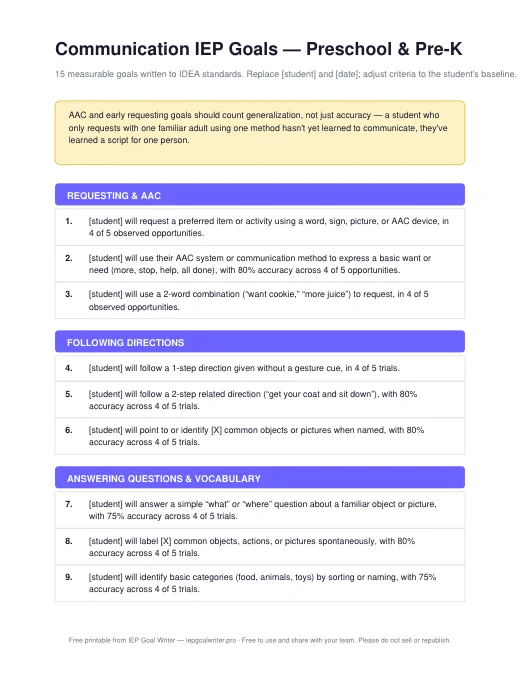 Preview of Communication Goals — Preschool & Pre-K