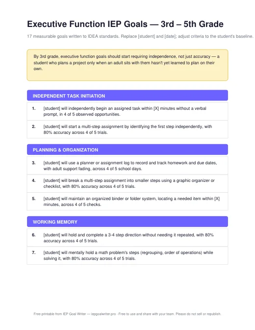 Preview of Executive Function Goals — 3rd to 5th Grade