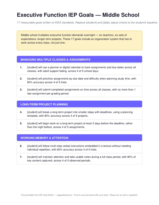 Preview of Executive Function Goals — Middle School