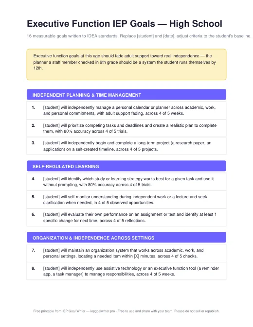 Preview of Executive Function Goals — High School