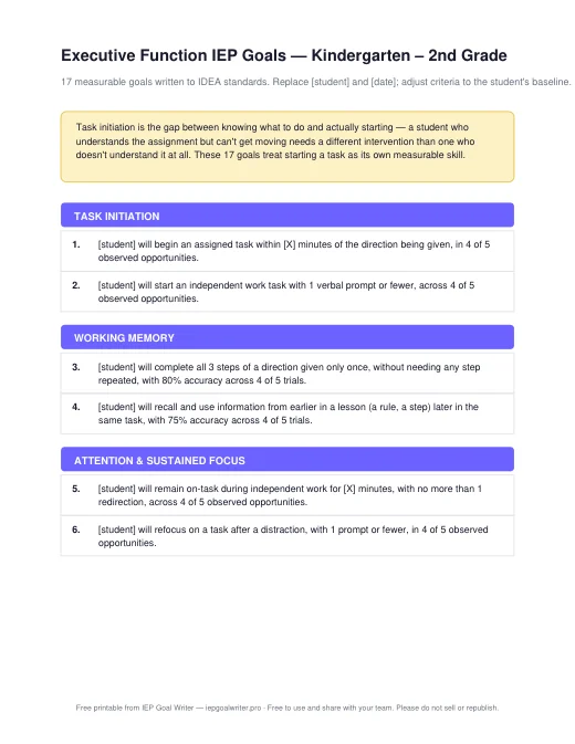 Preview of Executive Function Goals — K to 2nd Grade