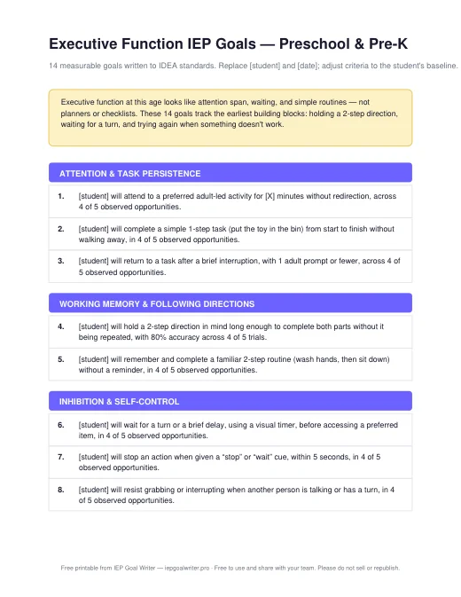 Preview of Executive Function Goals — Preschool & Pre-K