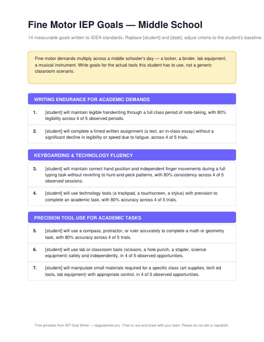 Preview of Fine Motor Goals — Middle School
