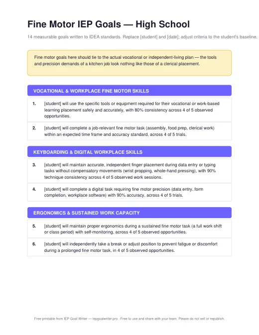 Preview of Fine Motor Goals — High School