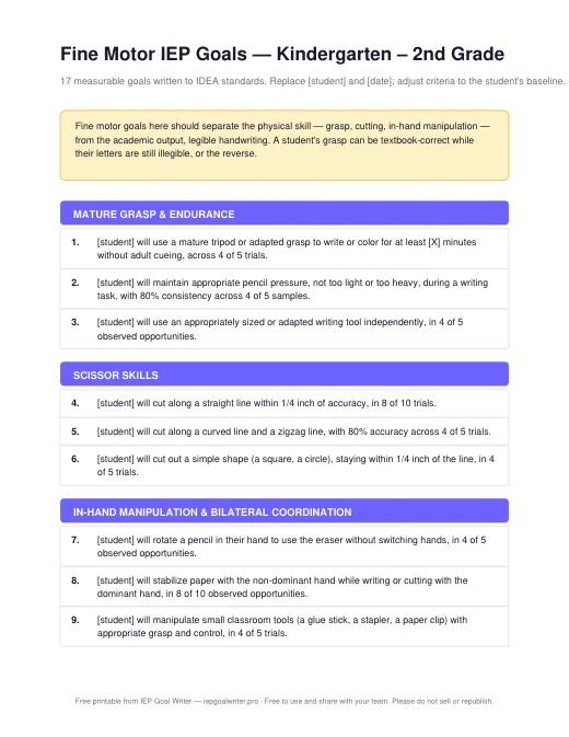 Preview of Fine Motor Goals — K to 2nd Grade