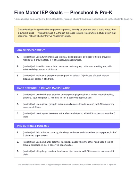 Preview of Fine Motor Goals — Preschool & Pre-K