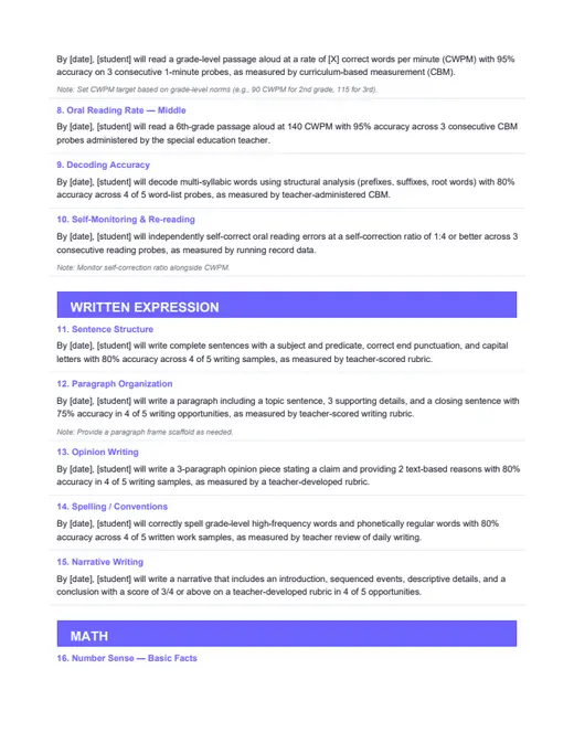 Preview of IEP Goal Bank — 45+ measurable goals