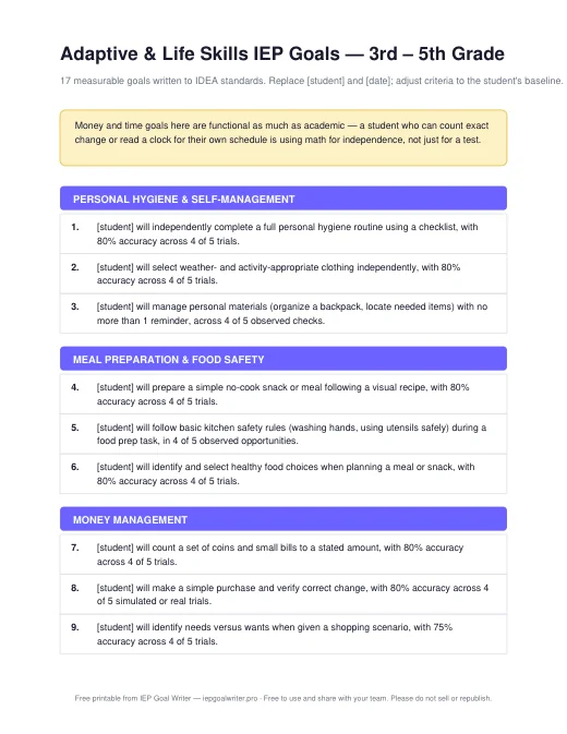 Preview of Life Skills Goals — 3rd to 5th Grade