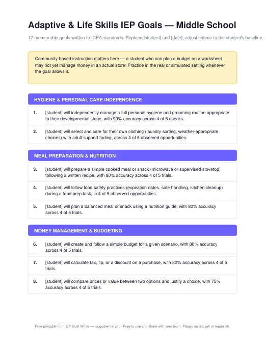 Preview of Life Skills Goals — Middle School