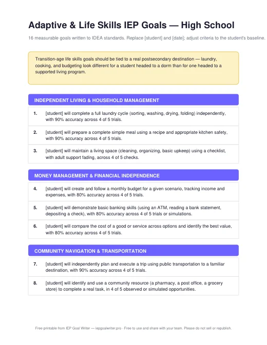 Preview of Life Skills Goals — High School
