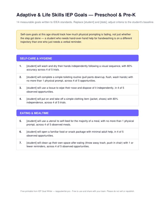 Preview of Life Skills Goals — Preschool & Pre-K