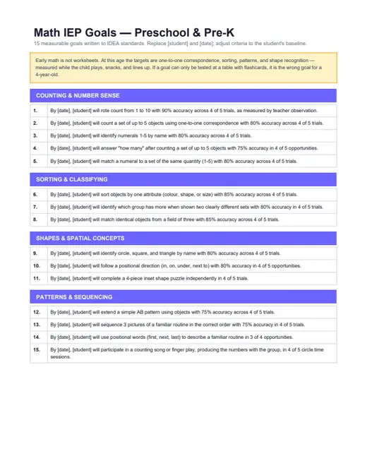 Preview of Math Goals — Preschool & Pre-K