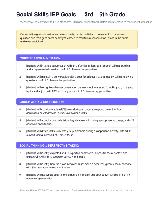 Preview of Social Skills Goals — 3rd to 5th Grade