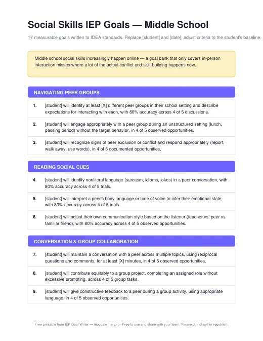 Preview of Social Skills Goals — Middle School