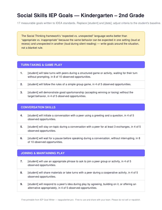 Preview of Social Skills Goals — K to 2nd Grade